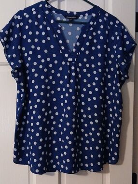 Blue Polka Dot V-Neck Blouse